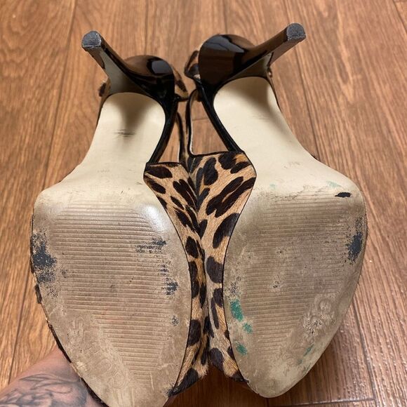 Y2K GUESS Pony Hair Leopard Print Red Patent Leather Peep Toe Heels Size 8 - Picture 7 of 11